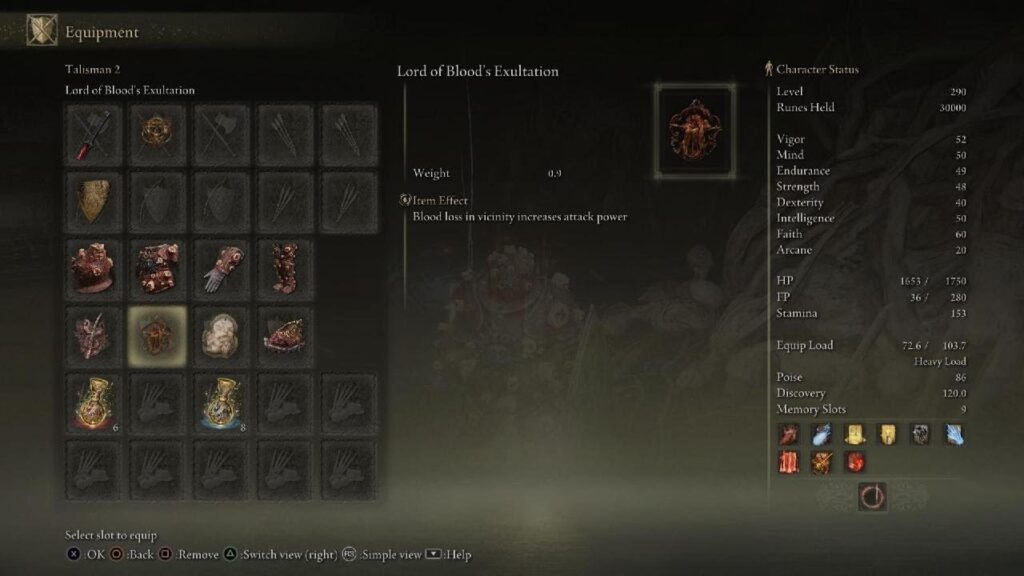 Lord of Blood's Exultation talisman for strength bleed build in Elden Ring