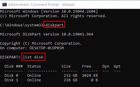 executing diskpart and list disk commands in command prompt