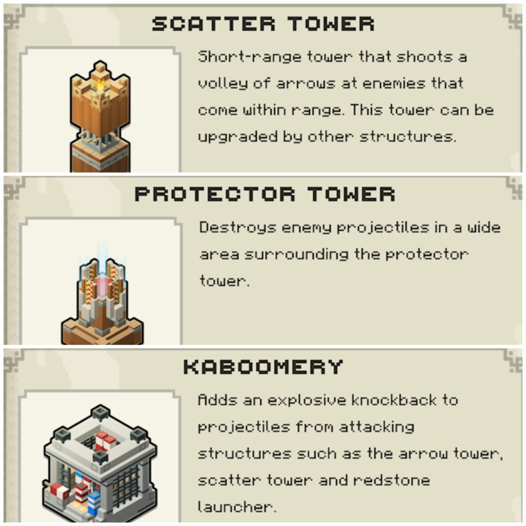 Scatter tower, protector tower, and kaboomery in Minecraft Legends