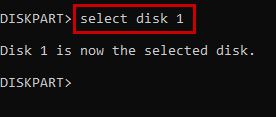 Executing select disk command