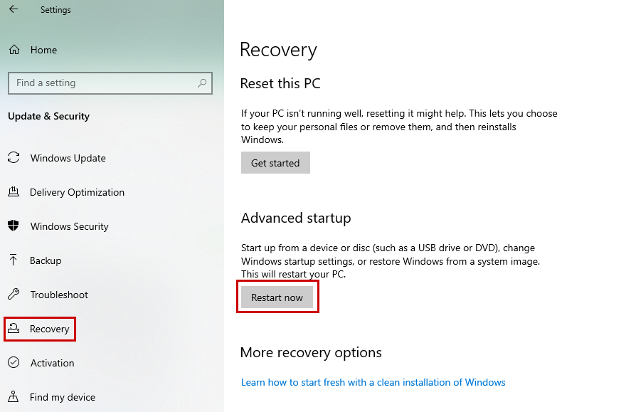 Restart Now option in Windows Recovery settings