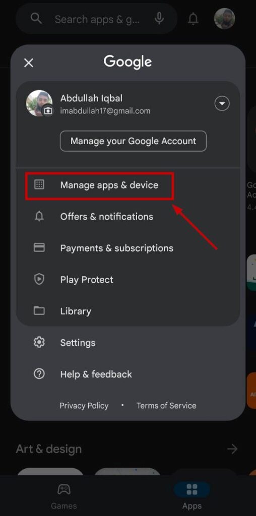 Google Play Store Manage apps & device settings