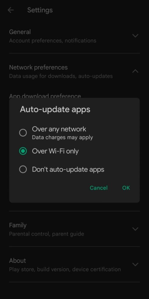network selection for auto updating Android apps