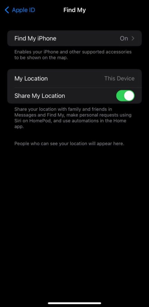 Turning on Share My Location in iPhone