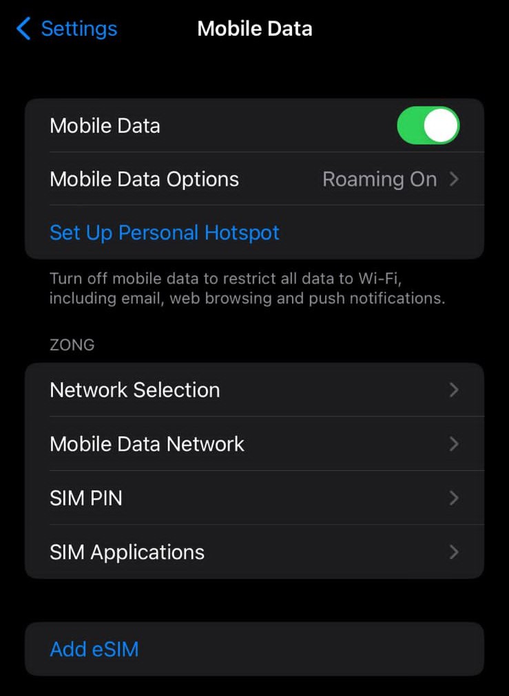 Turning on mobile data in iPhone